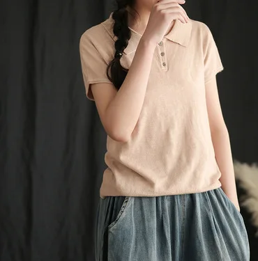 light pink Корейская женская летняя футболка с коротким рукавом Однотонная Ретро футболка с отложным воротником Женская Повседневная летняя футболка женская - Цвет: light pink