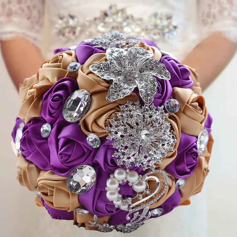 Buque De Noiva ssyfashion букет Роскошные атласные розы цветы с Кристалл Букеты свадебные жемчужные невесты Свадебные аксессуары - Цвет: Champage purple