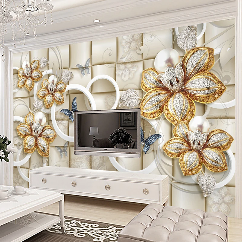 

European Style 3D Stereo Circle Pearl Flower Murals Wallpaper Living Room TV Sofa Background Wall Cloth Luxury Papel De Parede