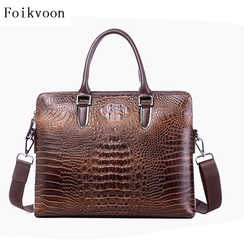 

Foikvoon Men Handbags Fashion Cow Split Leather Alligator Mens HandBag Brand Casual Business Handbag Men Messenger