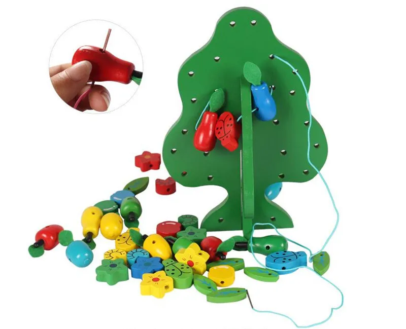 Montessori Materials Educational Wooden Toys for Children Early Learning Preschool Teaching Fruit Tree House Stringing Beads