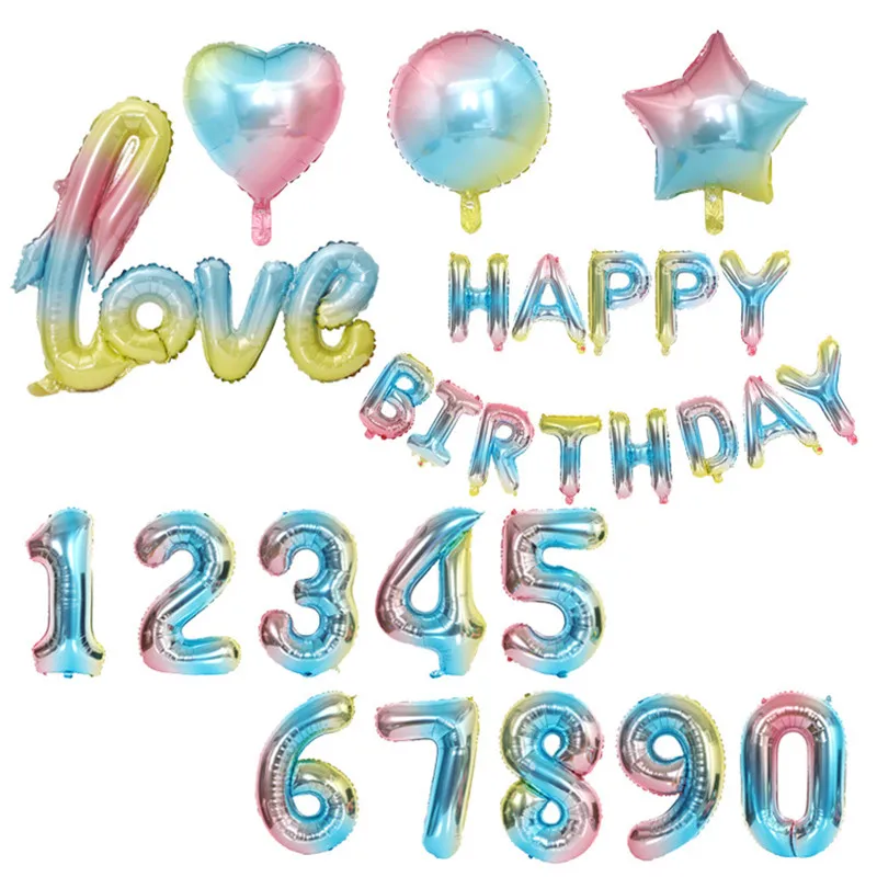 

16" Inch Rainbow Gradient Foil Balloons Happy Birthday Number Party Baby Shower Decor Helium Ballon Decoration