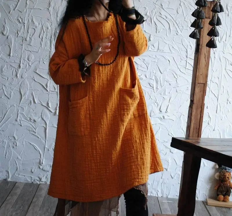 

YoYiKamomo 2017 women cotton linen dress New original pockets solid color spring loose big size dress women