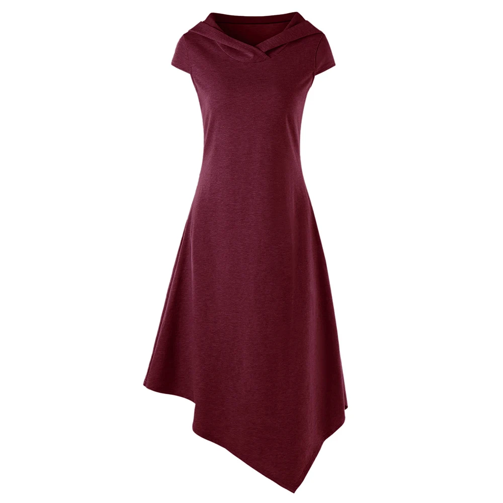 VESTLINDA Asymmetrical Hooded Cut Out Midi Dress Women Dress Summer Hooded Short Sleeves Solid Colors Dresses Vestido De Festa 13