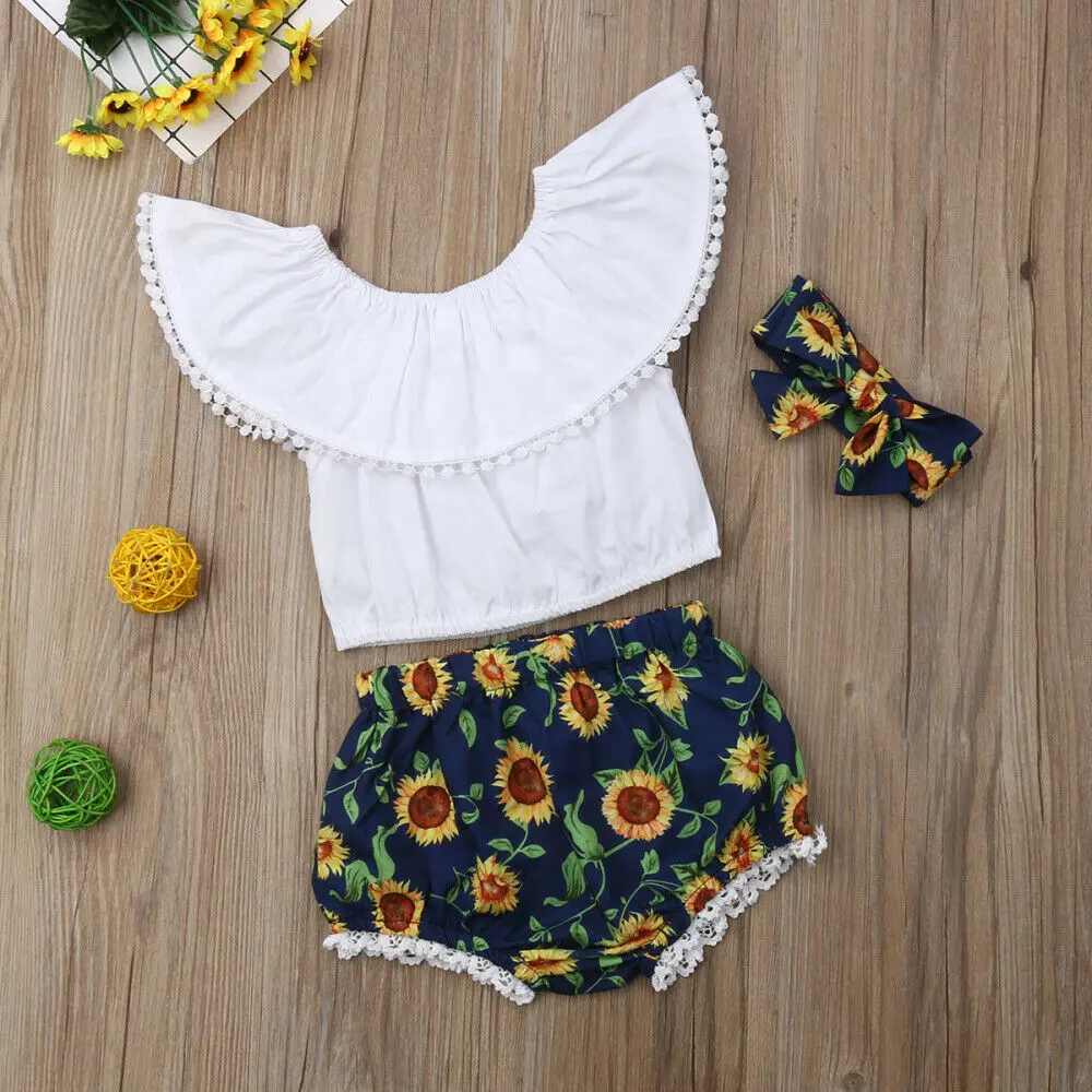 Summer Baby Girls Clothes Ruffle Tops Sunflower Shorts Outfits Sunsuit Sets