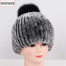 Новинка, настоящий мех кролика, шапка для женщин, зимняя, теплая, ручная работа, вязаные, шапки из меха кролика Рекс, для девушек, Лисий мех, помпон, натуральный мех, шапки