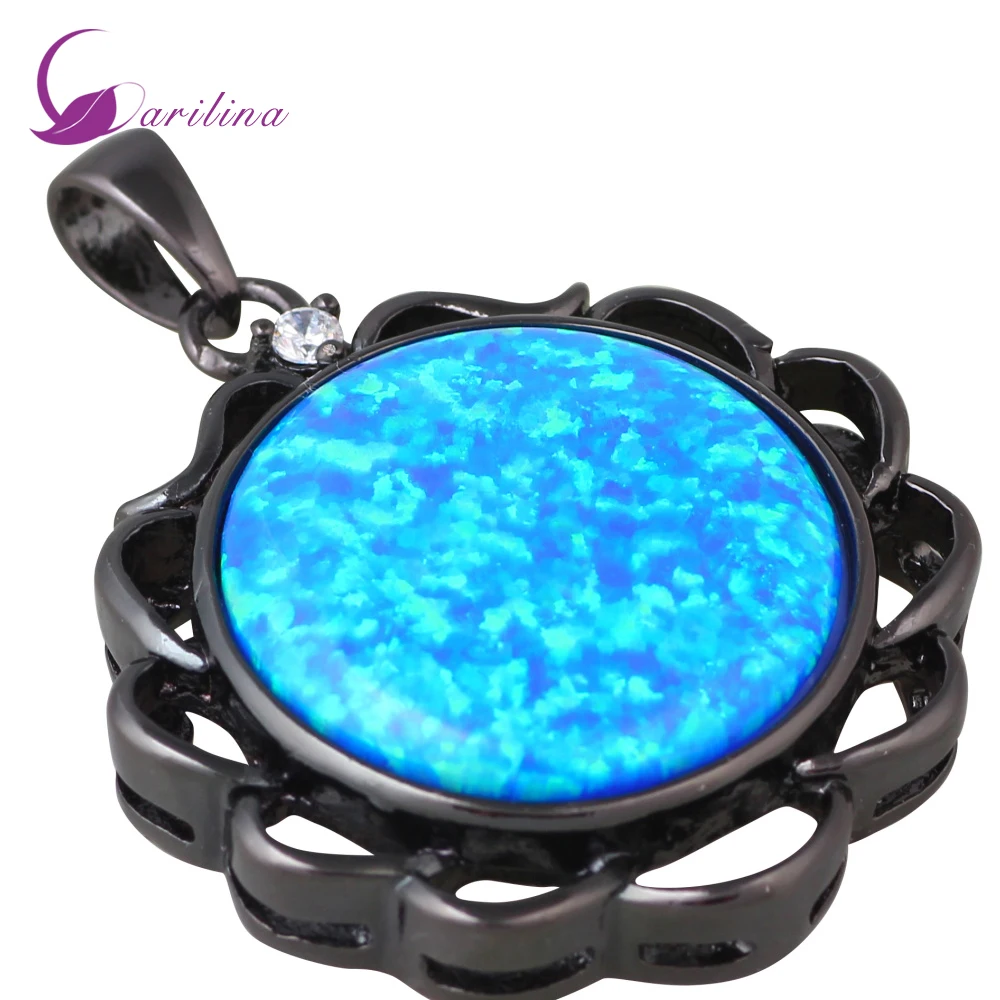 

Hot Sold Noblest girls Round Blue Fire Opal Fashion Jewelry Black Gun Plated pendants for womens P268