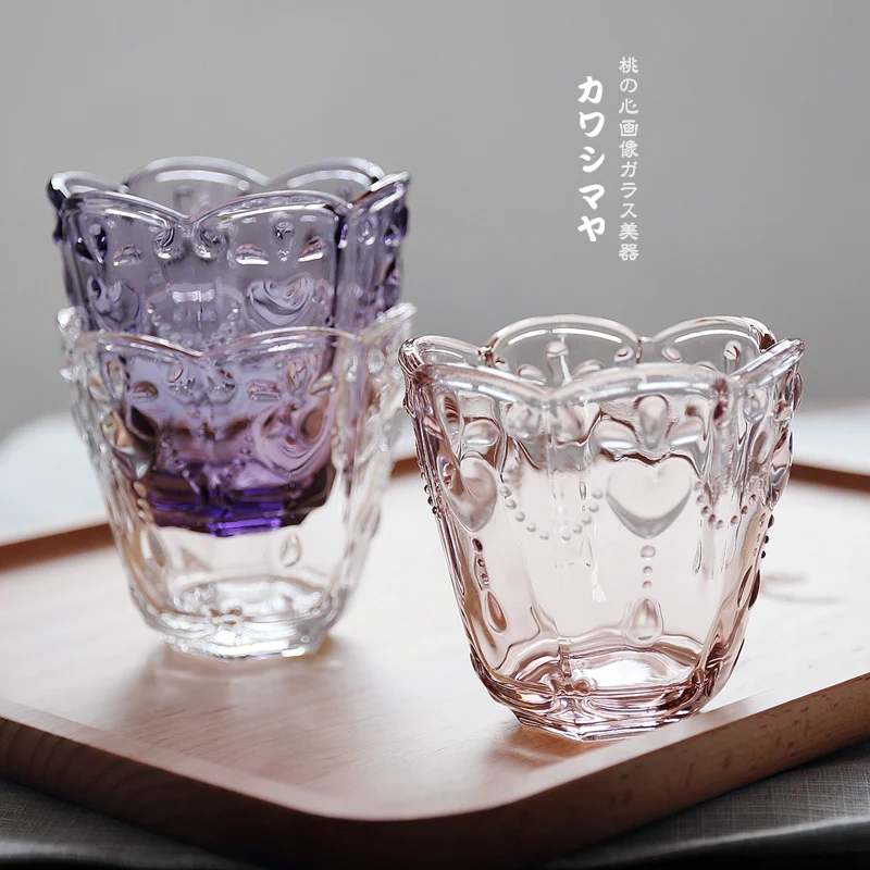 

High Quality Japan Zakka Style Round Transparent Glass Breakfast Water Tea Coffee Ice-cream Cups Heart Emboss 3 Colors Purple