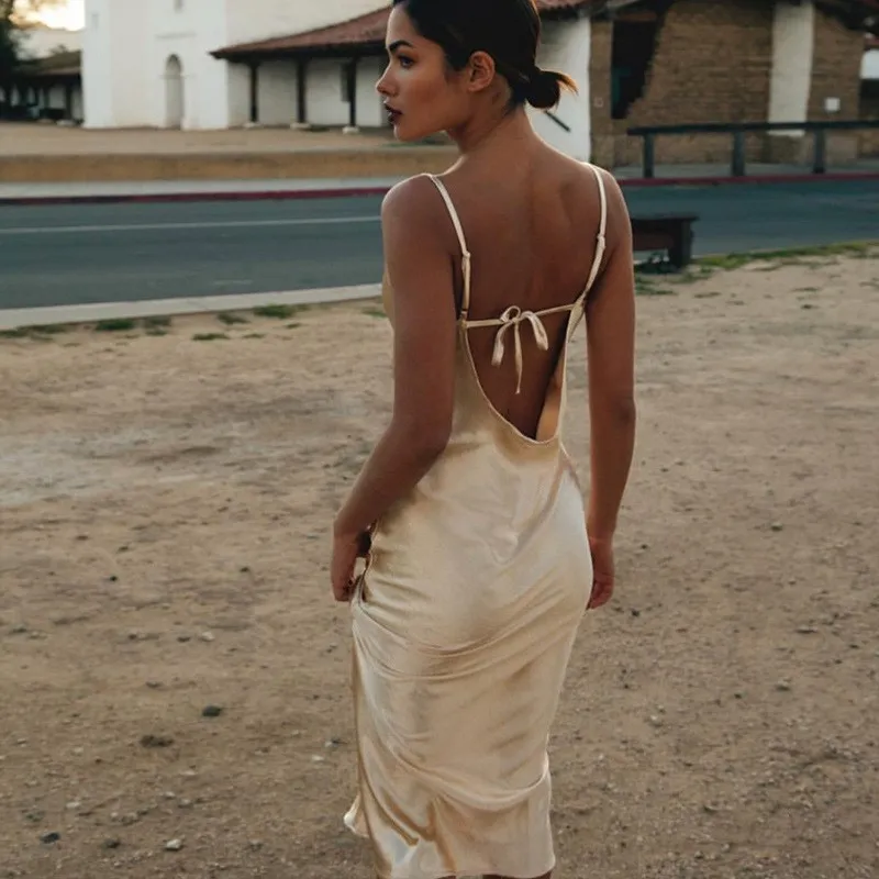 

Women 2019 Backless Satin Dress Summer Elegant Bandage Maxi Dress Vestidos Party Spaghetti Straps Sexy Club Dress