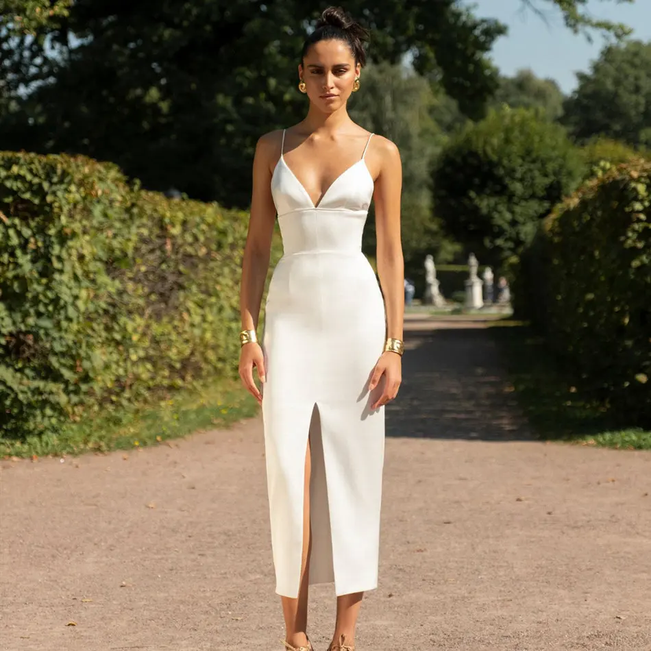 

2019 New Elegant Bandage Dress Women White Midi Dress Night Club Party Dresses Summer V Neck Vestidos Sexy Club
