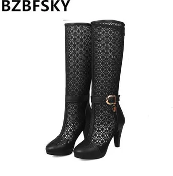 

BZBFSKY Summer Long Knee High Riding Boots Female White Black Sexy Lace Mesh Buckle Strap Ladies Plus Size Summer Boot Shoes