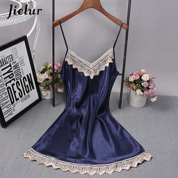 

Jielur Ladies Silk Satin Sexy Nightgowns Sleeveless Lace Women's Sleepshirts Summer Lingerie Mini Nightdress Sleepwear