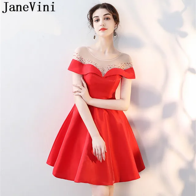 Janevini Y Illusion Neck Beaded Short Prom Dresses Mini Formal Janevini Y Illusion Neck Beaded Short Prom Dresses Mini Formal Wear Red Satin Bridesmaid