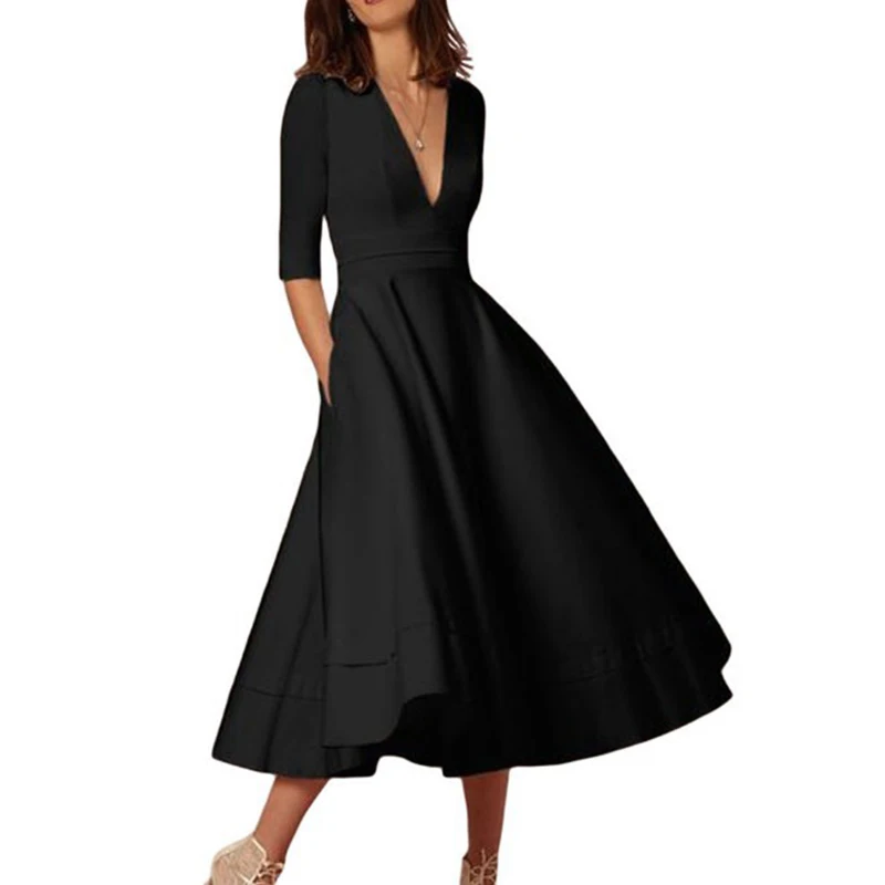 

Elegant Women Dress Summer Party Dresses Casual Formal Evening Pleated Solid Color Midi Dress Female Vestidos