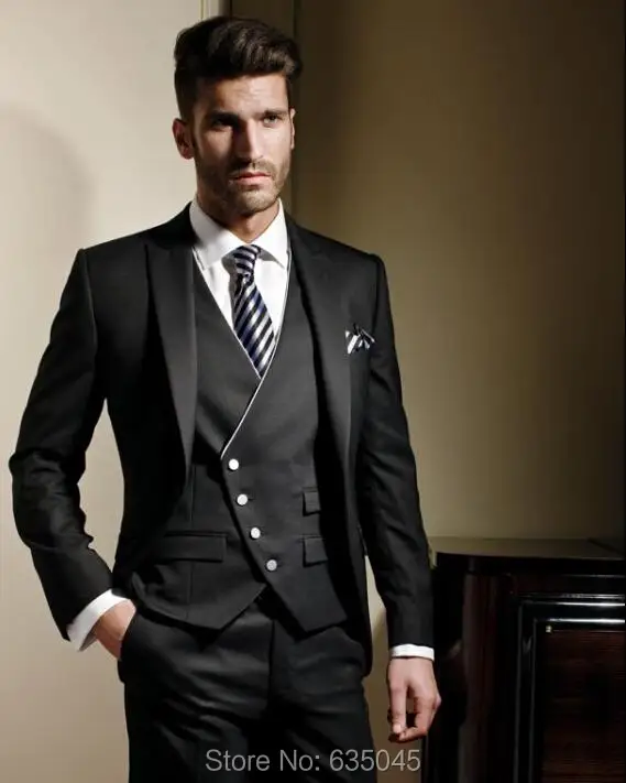 New Arrival 2016 Custom Made Mens Slim Suits Black Men Suits Tuxedos Men 3 Piece(Jacket+Pants