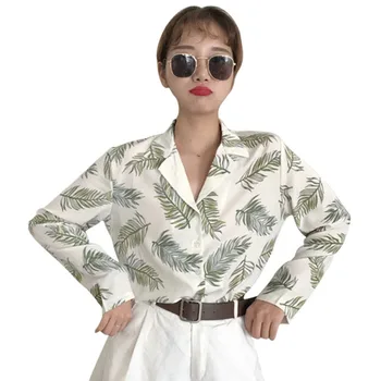 

Leaves Printed Women Blouse Harajuku Short Sleeve Casual Blouses Korean Wool Peach Full Sleeve Turn-Down Collar Shirts