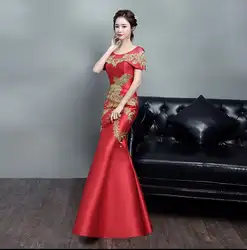 Красный королевский Вышивка Феникс Cheongsam Русалка Свадебные платье Чонсам в китайском стиле вечернее платье