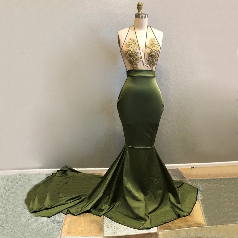 

Sexy Illusion Backless Mermaid Evening Dress Halter Beaded Lace Sweep Train 2019 New Special Occasion Dresses Prom Gowns