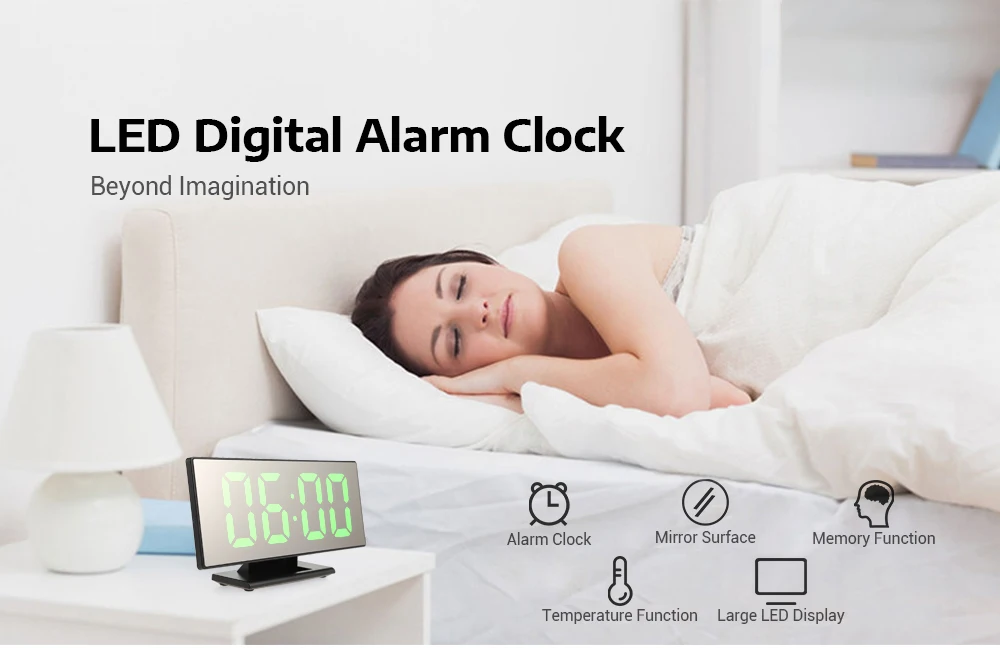 Digital Mirror Surface Alarm Clock with Large LED Display USB Port for Bedroom