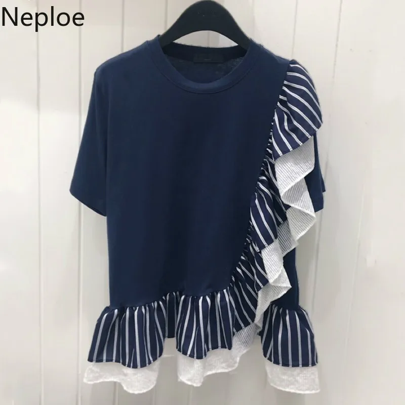 

Neploe New Korean T Shirt for Women Striped Ruffle Patchwork Tops Shirt Fashion Short Sleeve Cotton TShirt Femme Tee Shirts