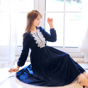 

2018 Blue.Red Winter New Warm Women's Nightgown Loose Velvet Long Sleeve Sleep Dress Royal Sleepwear Princess Victorian Palace