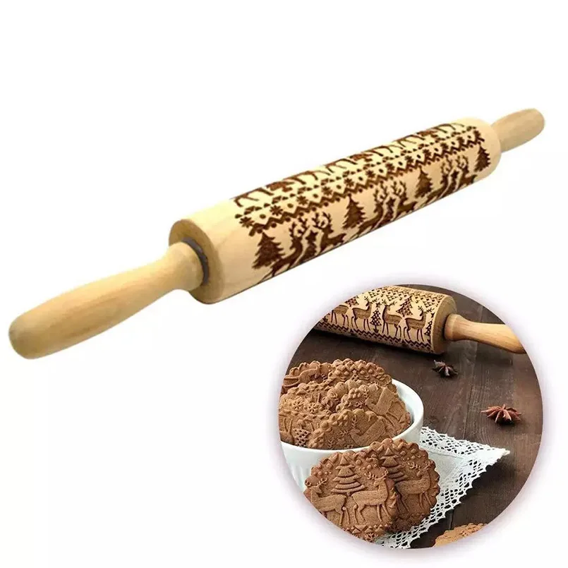

Christmas Elk Print Rolling Pin Wooden Tree Embossing Pin Cookies Cake Dough Patterned Roller Baking Tools Pastry Kitchen Gadget