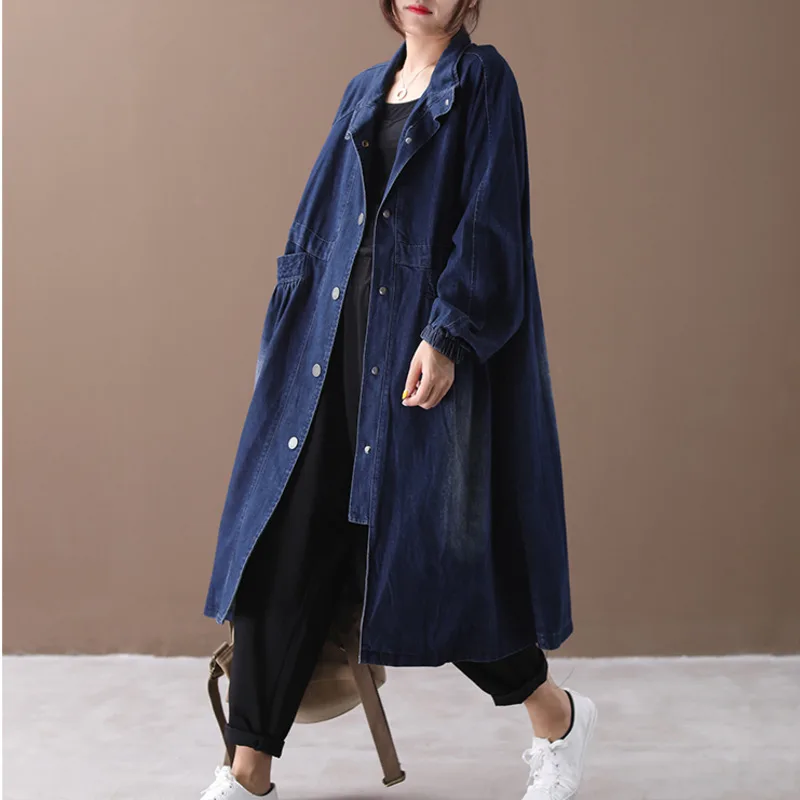 

[EWQ] 2019 Autumn New Pattern Office Lady Style A-line Loose Solid Color Literary Single-breasted Washed Stand Collar Coat AF888