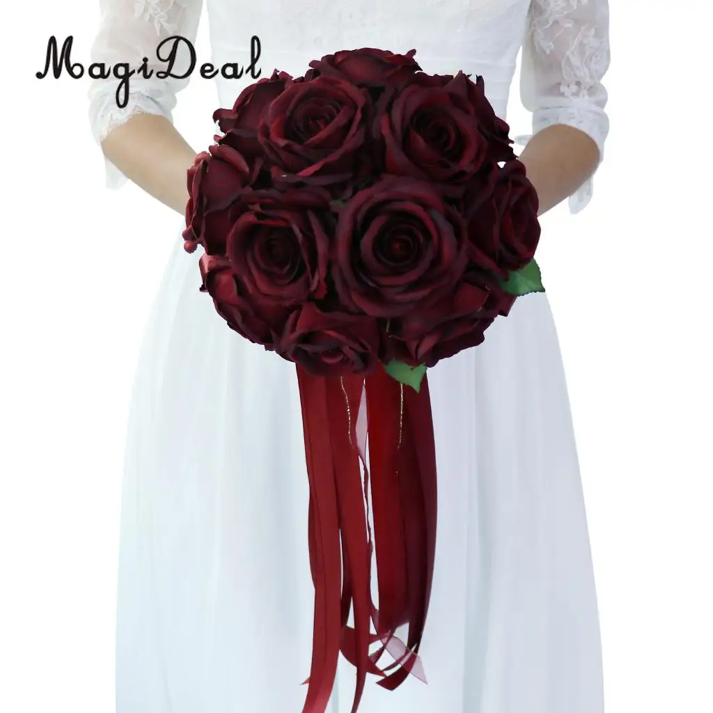 MagiDeal Romantic Rose Flower Wedding Bridal Bouquet Hand Holding Flower Wine Red
