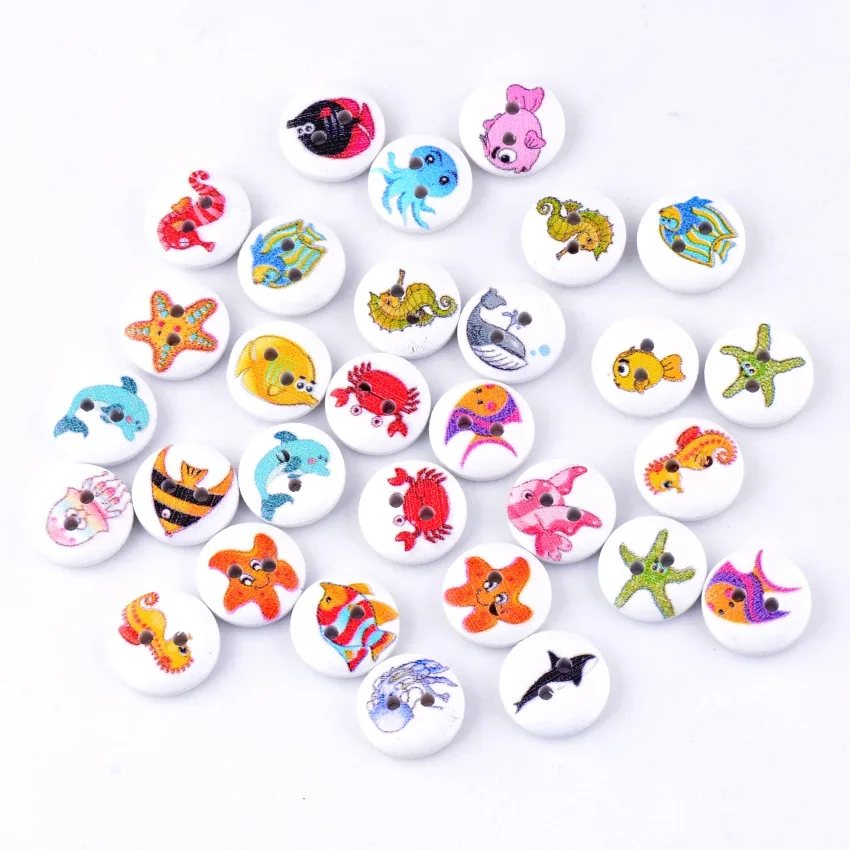 

Retail For Diy 20Pcs Round Random Mixed Lovely Sea Animals 2 Holes Wood Painting Sewing Buttons Scrapbooking 15mm F0179