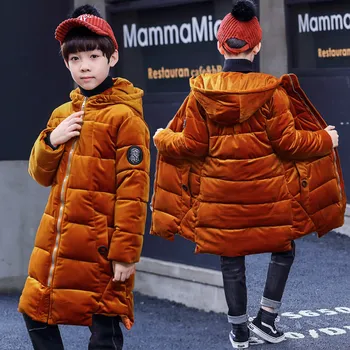 

Winter Down Cotton-Padded Clothes for Boys Long Style Hooded Golds Cashmere Coats Teenage Warm Outerwear 5 7 9 11 13 14 Years