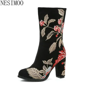 

NESIMOO 2019 Women Mid Calf Boots Cow Suede Fashion Women Shoes Zipper Round Toe Square High Heel Women Shoes Size 34-43