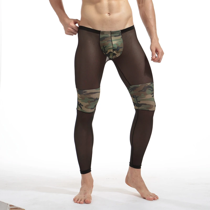 New brand Sleep pants Mesh LeggingTransparent sexy Camouflage Men's UnderPants with nylon joggers of Male Trousers long johns red pajama pants