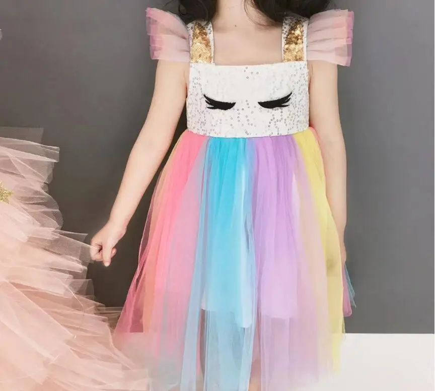 New 2019 Fairy Sequined Rainbow Mesh Unicorn Dresses For Kids Baby Girls Cute Cosplay Clothing 5 pcs/lot Wholesale | Детская одежда и