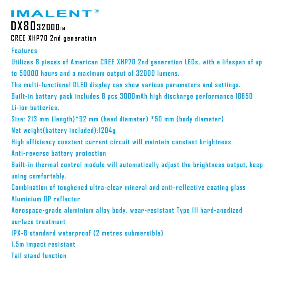 Светодиодный светильник-вспышка IMALENT DX80 CREEXHP70, дальность луча 806 м, фонарь высокой мощности, светильник-вспышка с аккумулятором+ зарядка через usb