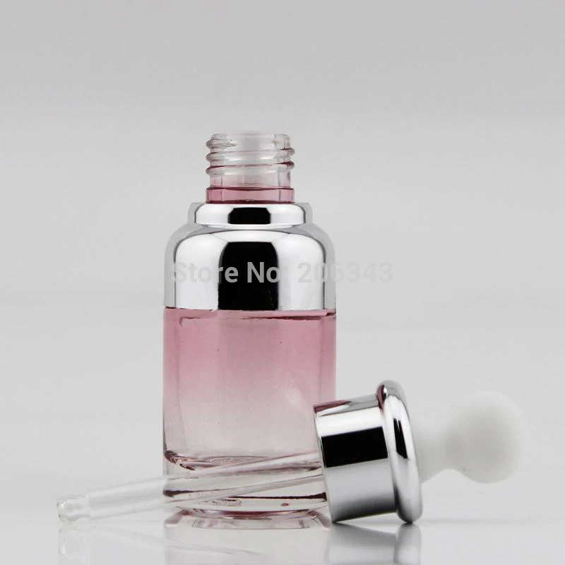 

NEW ARRIVAL 30ml pink glass dropper bottle with silver shoulder and silver collar ,white bulb glass bottle