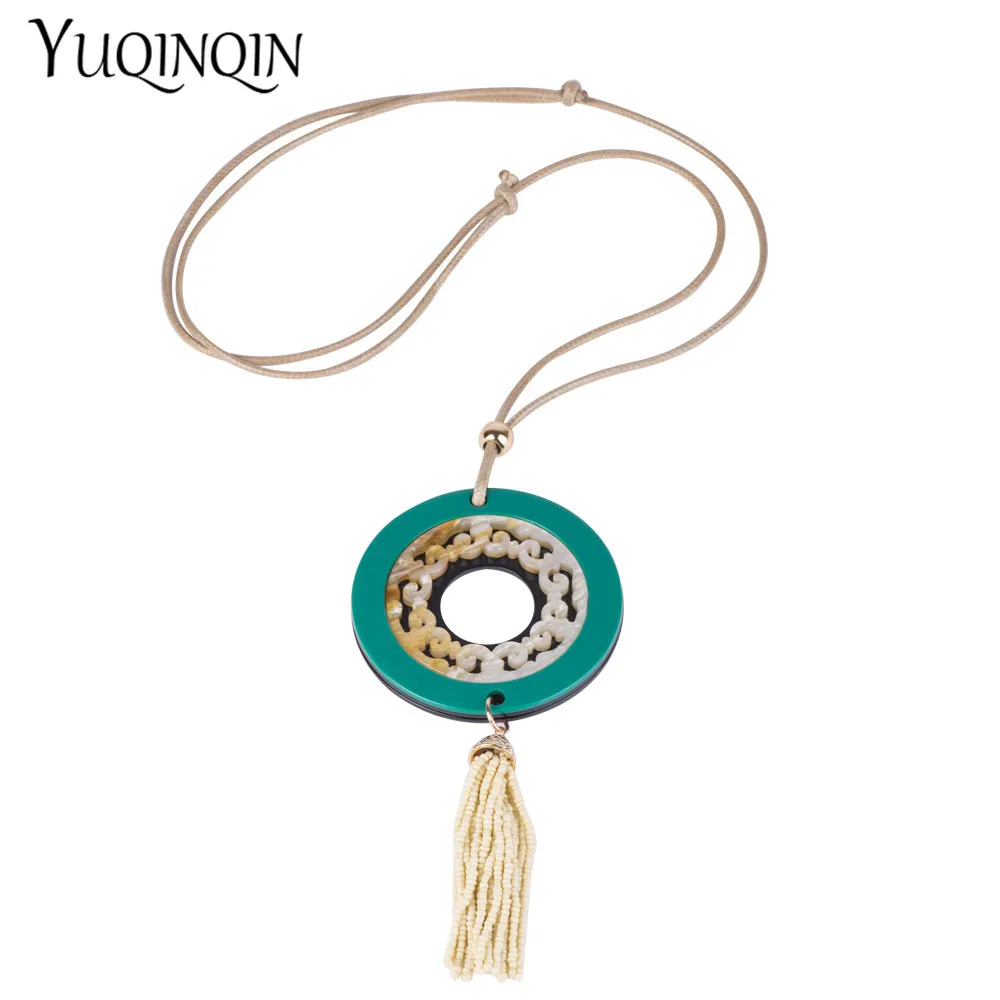 

Vintage Bohemian Acrylic Pendant Tassel Necklaces Women Long Rope Chains Big Circle Geometric Resin Necklace Fashion Jewelry