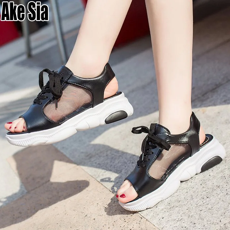 

Fashion Summer Women Lady Casual Peep Toe Hollow Out Flat Height Increasing Soles Lace Up Rome Gladiator Girl Sandals Shoes A802