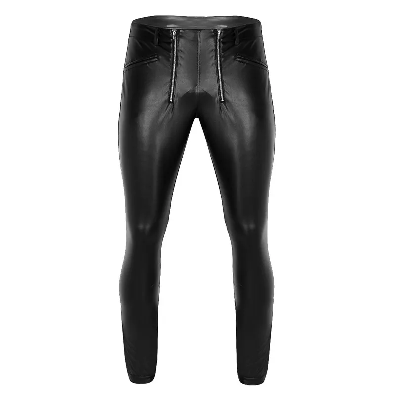 Мужские черные обтягивающие брюки TiaoBug из искусственной кожи в стиле панк, эластичные леггинсы, длинные брюки с мешочком на молнии, сексуальные мужские Клубные вечерние Брюки