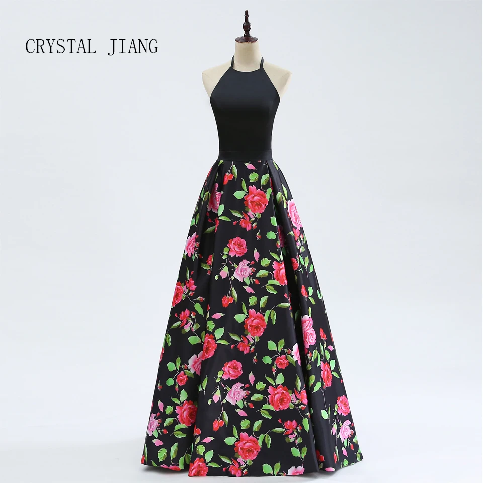 CRYSTAL JIANG 2018 New Arrival Sexy Formal Halter Black Satin A Line Floral Printed Evening Dresses Long Real Photo | Свадьбы и