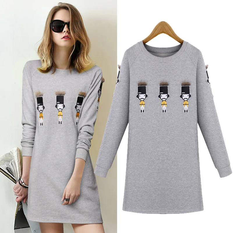 2017 Spring and Autumn Women New Long Section Loose Long sleeved Dress villain pattern Printing Dress
