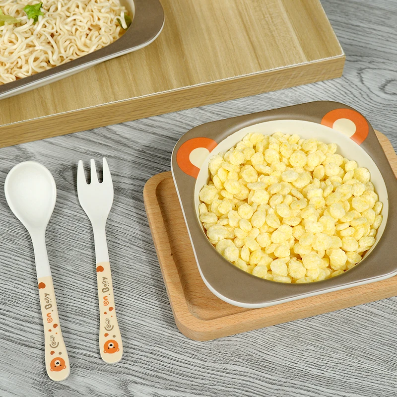5 pcs/set  Bamboo Fiber Children's Tableware Set Baby Feeding Plate Set Bowl Cup Spoon Fork Cartoon Baby Dinnerware Kids Dishes