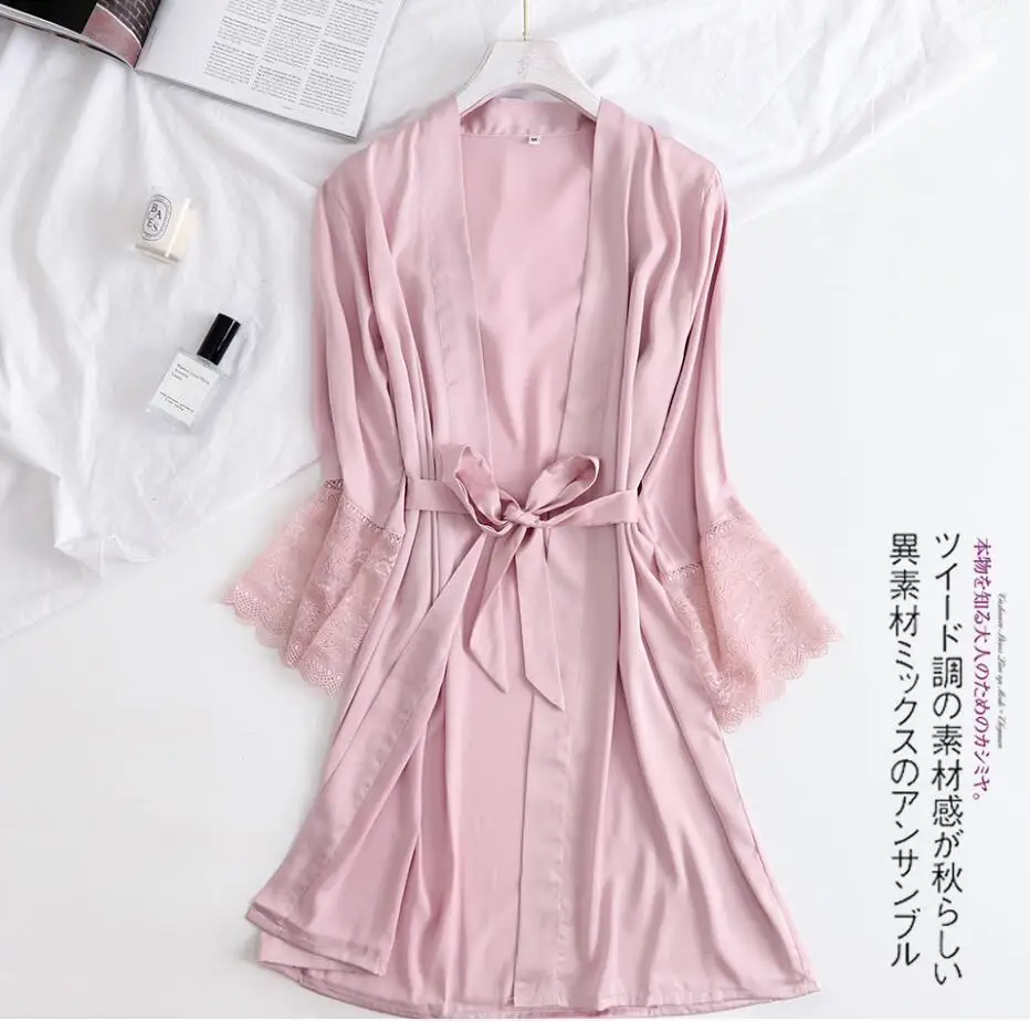Хит, белые женские шелковые кружевные халаты, свадебное платье для невесты, кимоно, Одноцветный халат, ночная рубашка, халаты для подружек невесты, размер M-XL - Цвет: Розовый