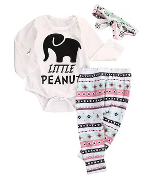 Newborn Infant Baby Boy Girl Clothes Set Elephant Romper Tops Legging Pant Headband Outfit Set Clothing 6