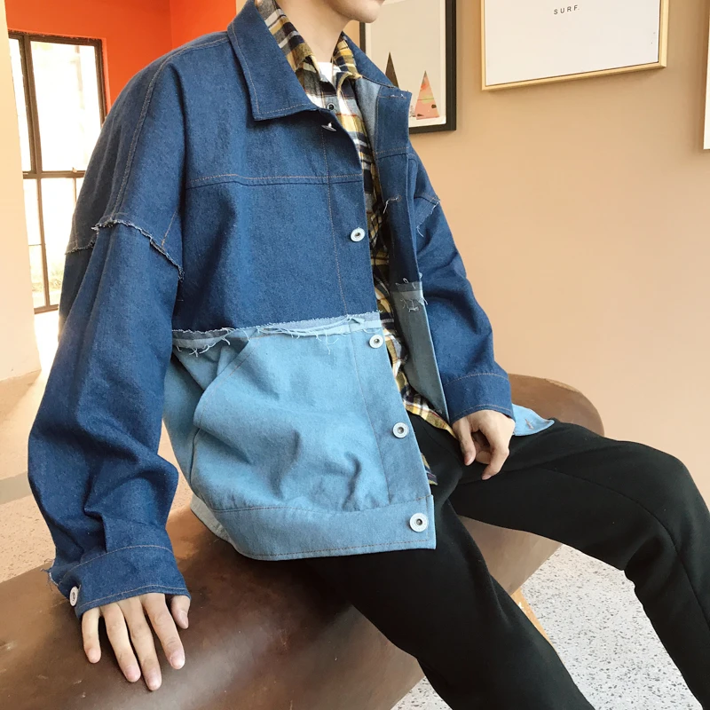 2018 New Men's Casual Bomber Streetwear Denim Jacket Male Spelling Color Cowboy Outerwear Loose Clothes Hip Hop Style Coats 2XL