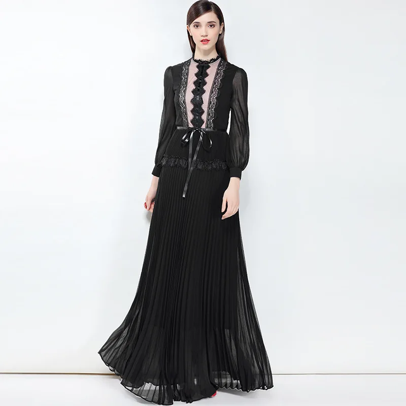 

2019 spring/summer designer fashion runway Maxi dress Women long-sleeved lace Patchwork pleated vintage party long dress