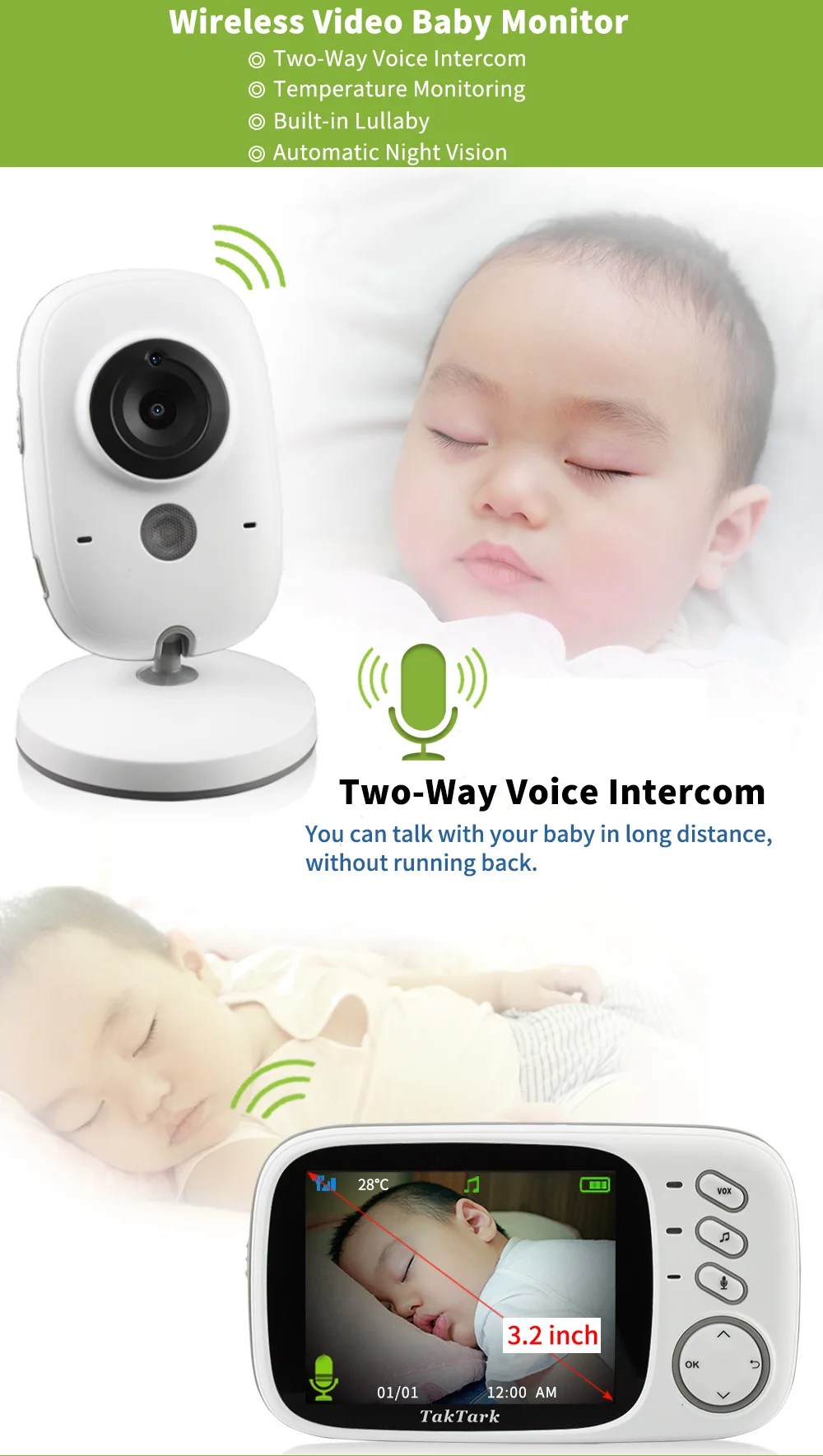 3.2 inch Wireless Video Color Baby Monitor High Resolution Baby Nanny Security Camera  Night Vision Temperature Monitoring