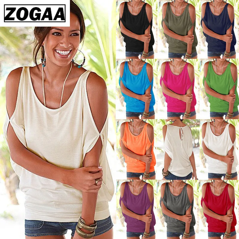 

ZOGAA Women Blouses Summer Casual Sexy Off Shoulder Blouse Shirt Batwing Short Sleeve Lace up Solid O-neck Loose Tops Blusas XXL