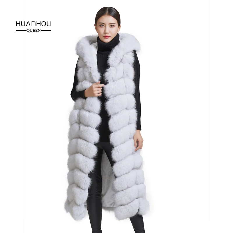 

Huanhou queen 2018 real nature fox fur vest,110 cm length with hood fashion slim fox fur vest.