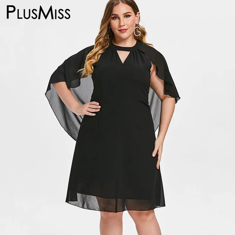

PlusMiss Plus Size 5XL Black Chiffon Cut Out Batwing Sleeve Party Dresses Women Cape Vintage Dress XXXXL XXXL XXL Big Size 2019