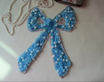 

Size21*19cm(5pcs/lot) Sky Blue Sewing Butterfly Lace Applique with Peal Beads and sequins Lace patch
